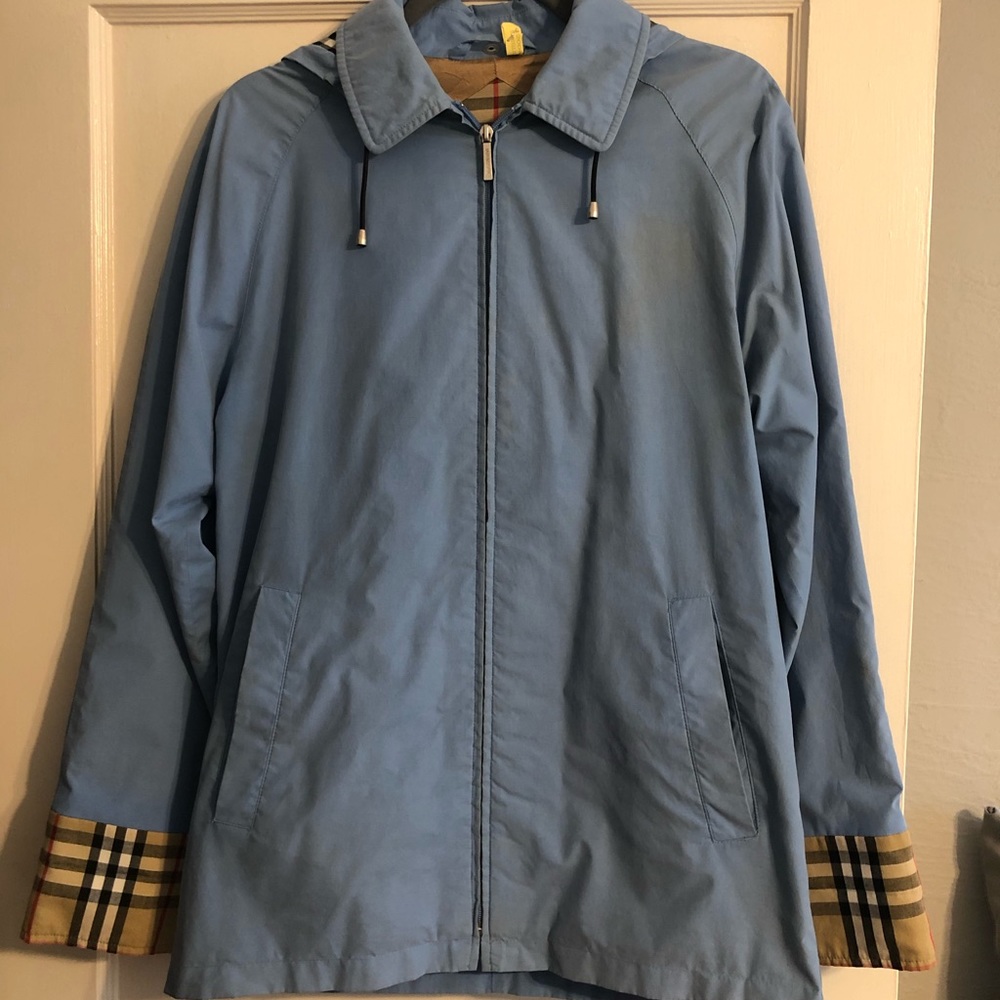 Blue Burberry rain coat with hood